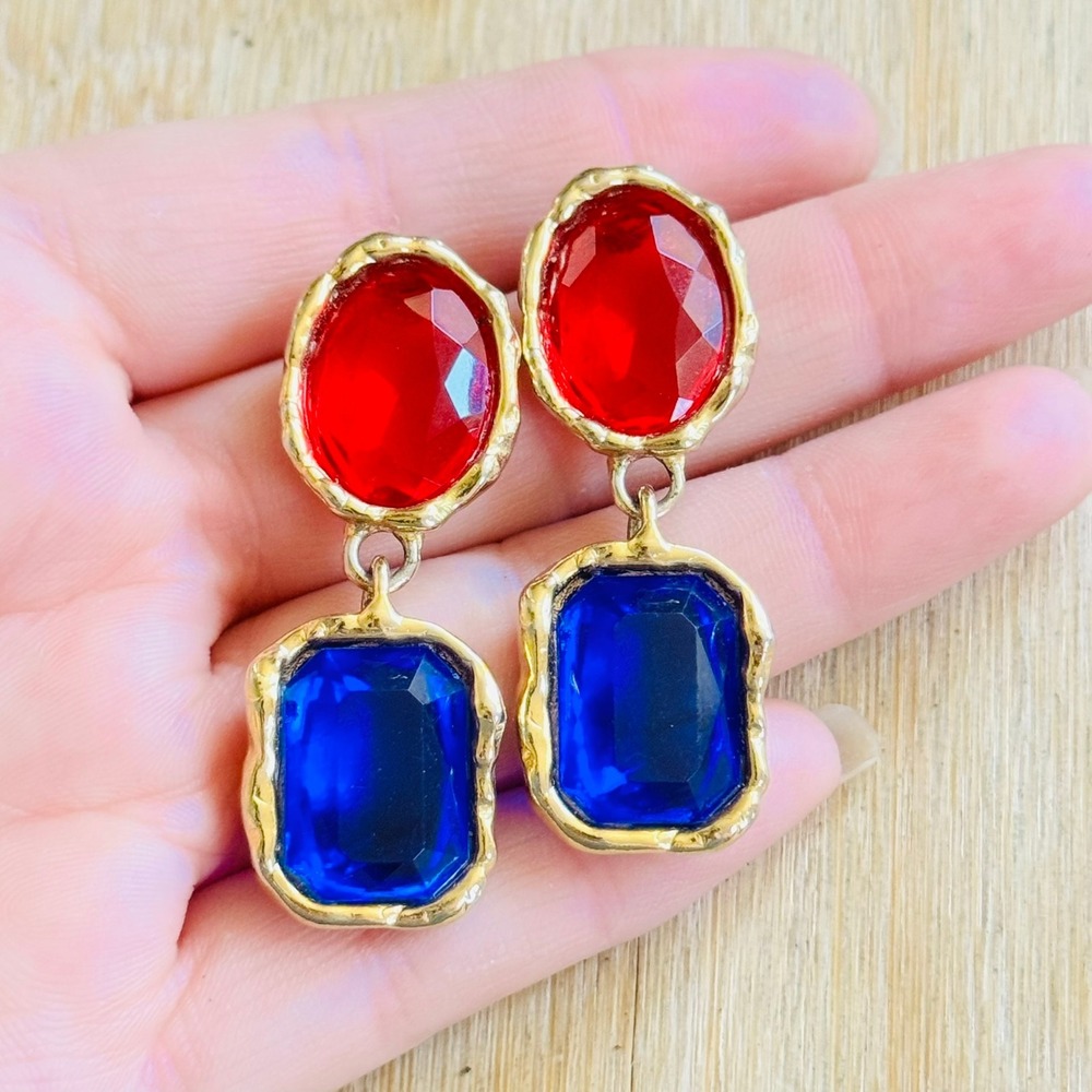 VTG Runway Dangle Earrings Gold Cabochon Pierced Textured Brutalist 1980s 2"
